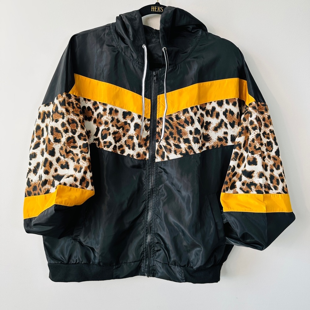 Black & Leopard Print Windbreaker Hooded Track Jacket With Pockets Size L - Picture 2 of 11